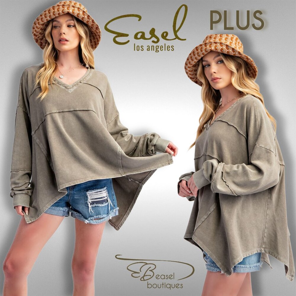 EASEL “Love, Hayley” Mineral Wash Cotton Terry Knit Raw Seams Uneven Hem V-Neck